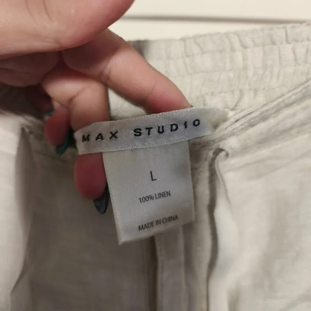 y2k Max Studio 100% Linen Mini Length Elastic Waist Pull On Skirt sz L Beige